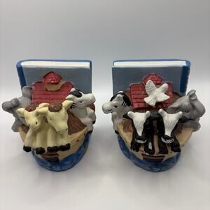 Noah’s Ark Animal Bookends Set of 2 Nursery Kids Room Decor Hand Painted Resin